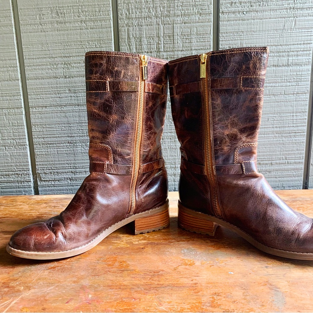 Michael Kors Women’s Brown Leather Distressed Motorcycle Harness Boots Sz 7.5